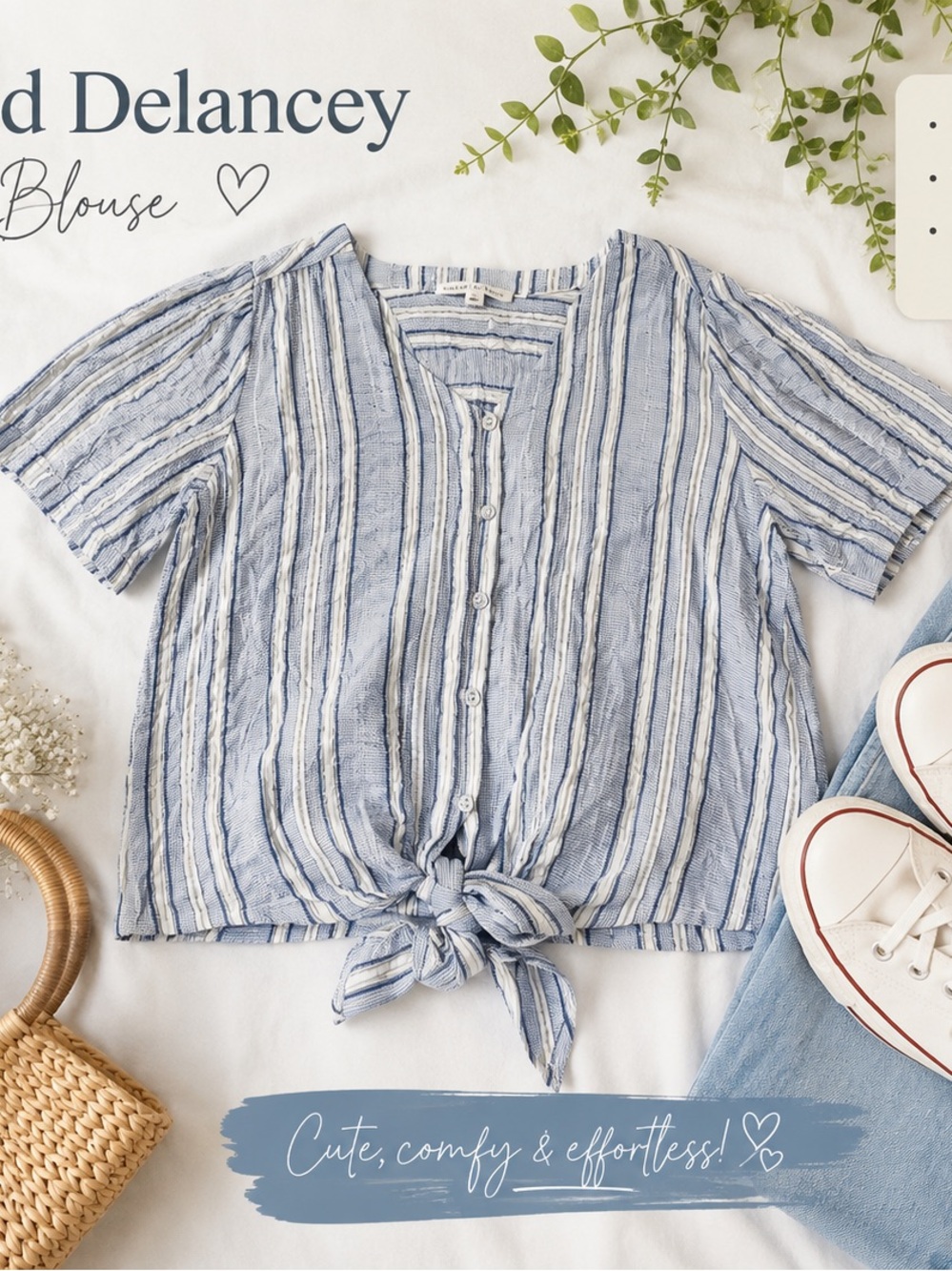 Jane and Delancey Blue and White Striped Tie-Front Blouse